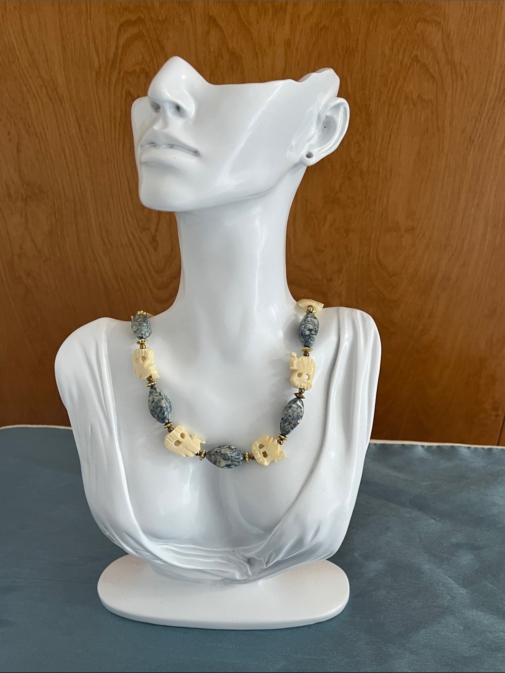 Vintage Carved Elephant Statement Necklace Boho Tribal Style With Mottled Beads